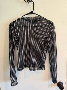 Express Black Sheer Polka Dot Long Sleeve Top with White Dots